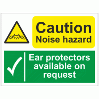 Caution noise hazard Ear protectors available on request sign